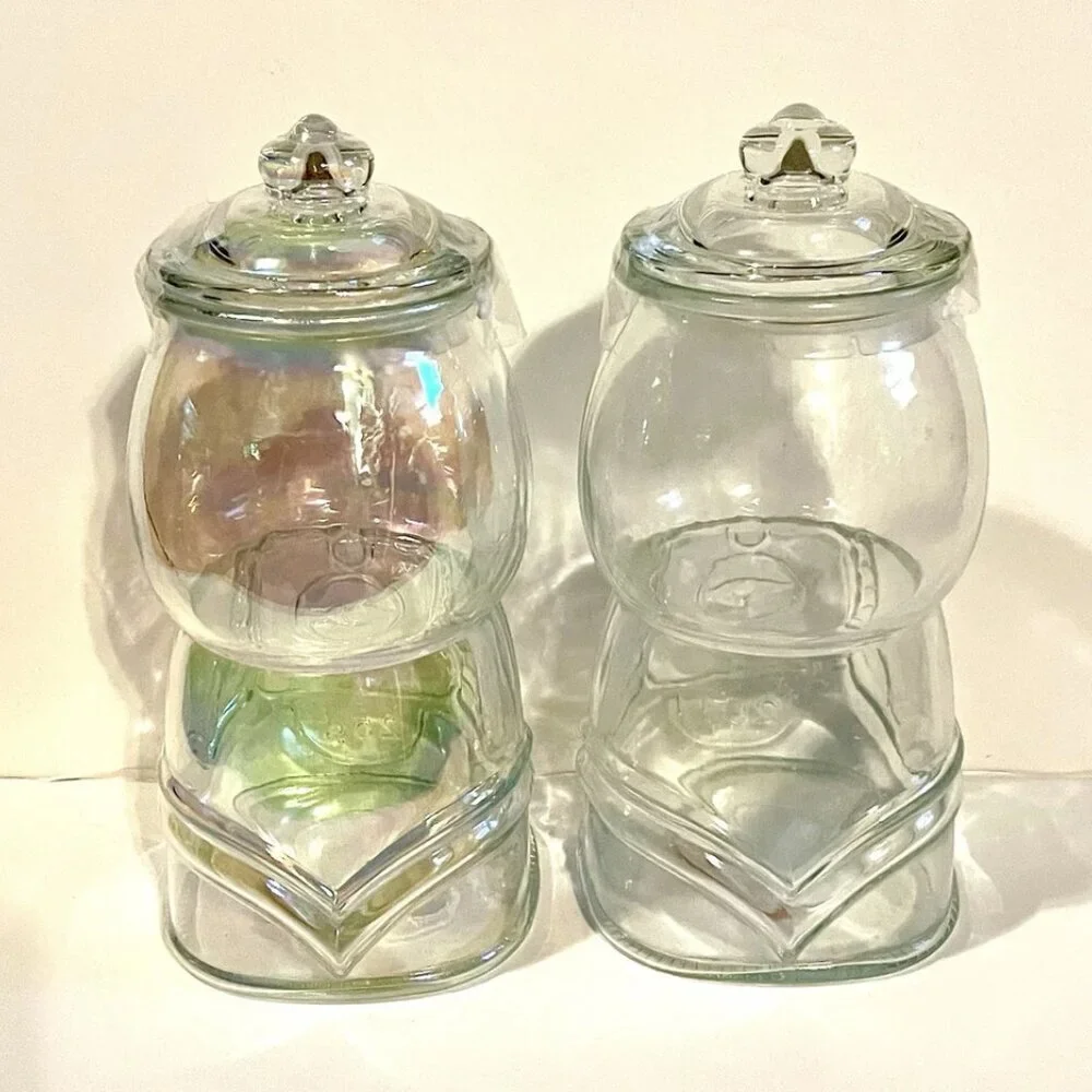 NEW Set of 2 Gumball Machine Clear Iridescent Glass Jar Storage
